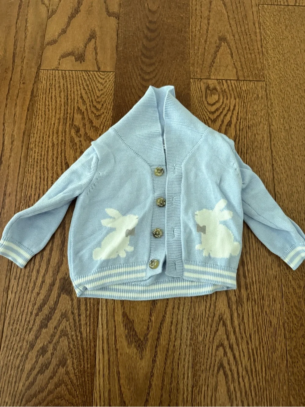 Janie and Jack Light Blue Knit Shawl Collar Jacket with Bunny Motif